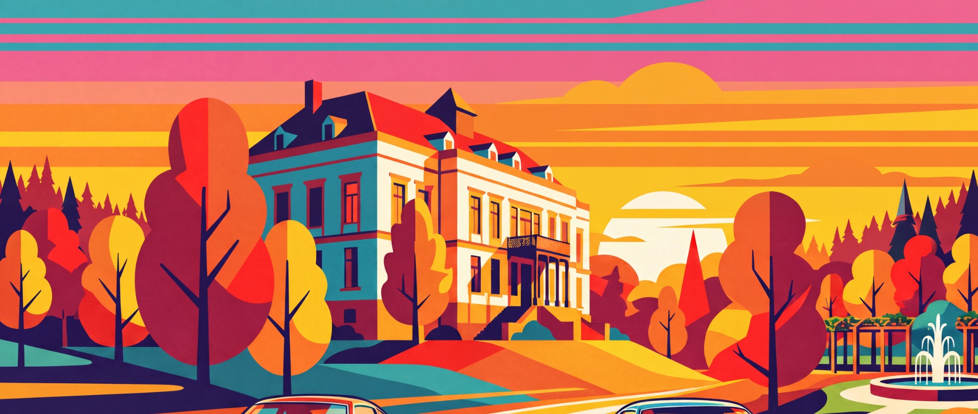 Kasteel de Berckt bei Sonnenuntergang, mit Park und Springbrunnen